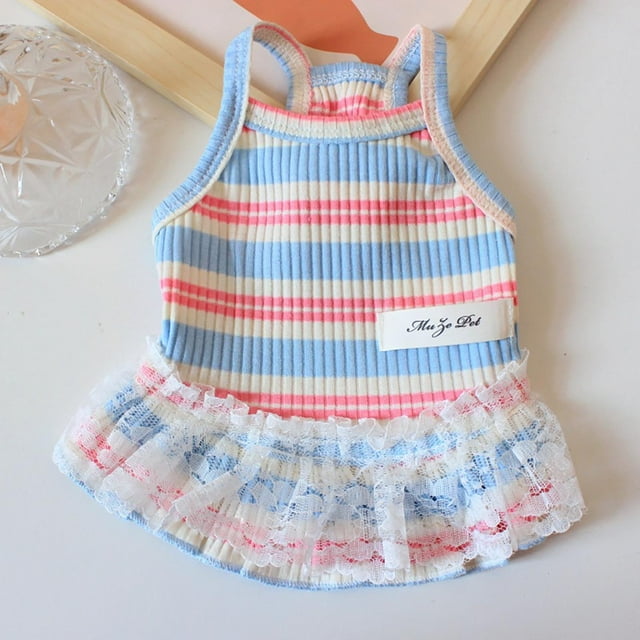 Fiudx Vestido de Verano para Perros, Falda a Rayas Sin Mangas, con Ribete de Encaje, Cómodo y Fresco, con Protección Solar, Apto para Perros Pequeños, Medianos y Gatos, de 0,8 a 13 Kg.