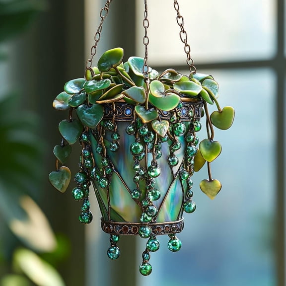 Boho succulent Acrylic Suncatcher Planter, Emerald Faux Stained Glass Window Hanging, Gift For Plant Lover