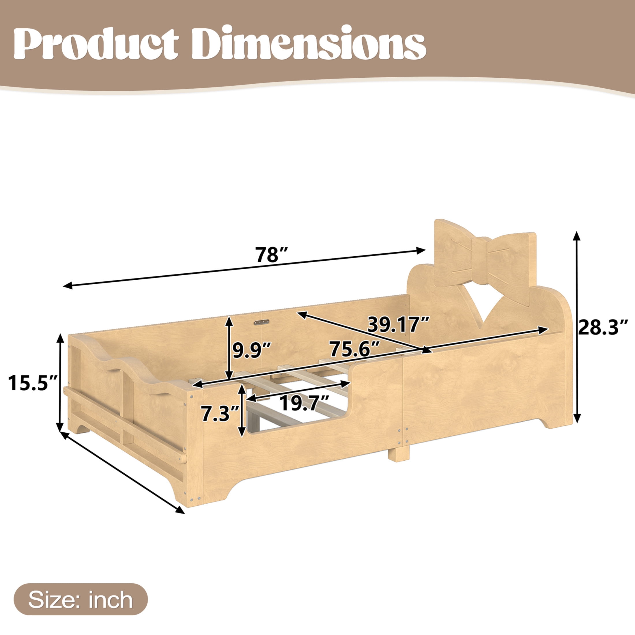 GDF Studio Twin Size Kids Platform Bed with Bowknot Headboard, Guardrails & Bookshelf, Natural