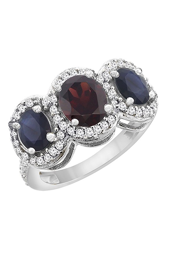 10K White Gold Natural Garnet & HQ Blue Sapphire 3-Stone Ring Oval Diamond Accent, size 8