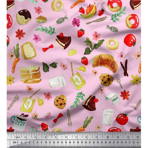 Soimoi Polyester Crepe Fabric Fruits,Bread & Donut Food Printed Craft Fabric by The Yard 52 Inch Wide
