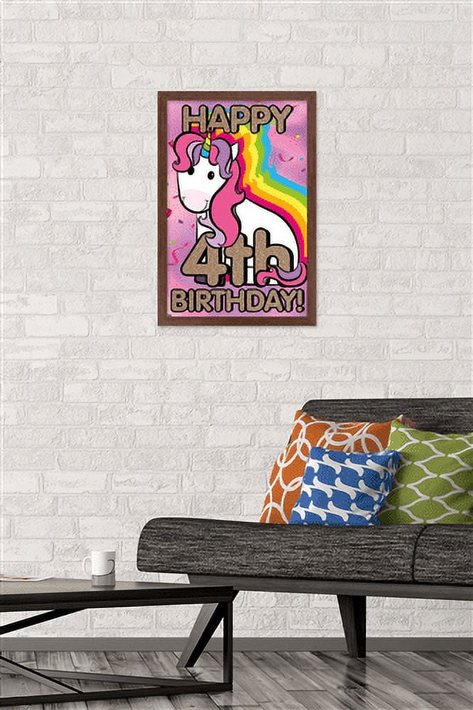 Ellie Ripberger Unicorn - Happy 4th Birthday Wall Poster, 14.725" x 22.375", Framed