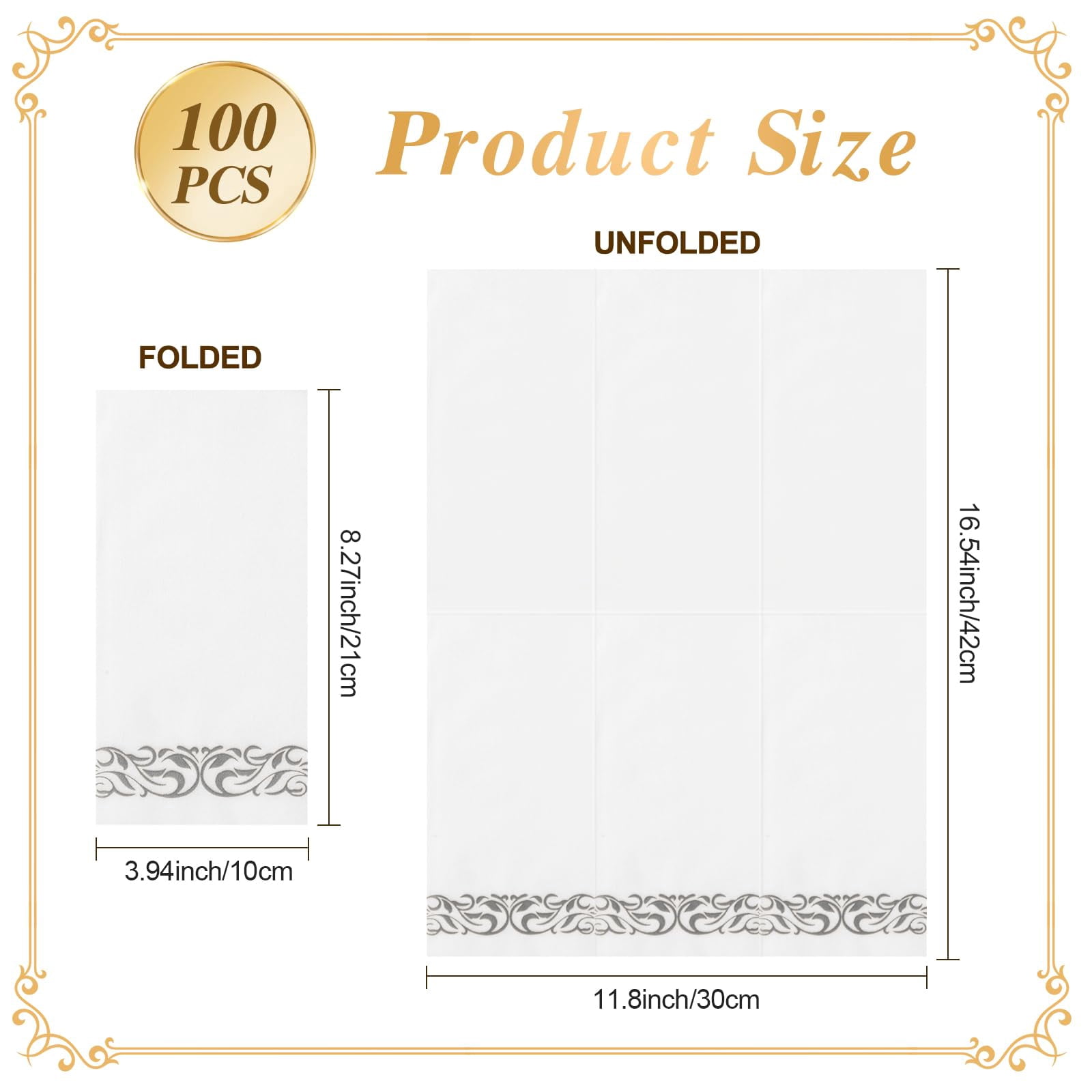 TAVENE 100-Pack Linen-Feel Disposable Guest Towels – Elegant White Napkins with Silver Design for Parties, Weddings, Dinners Events – Soft and Absorbent Paper Hand Towels for Bathroom or Kitchen