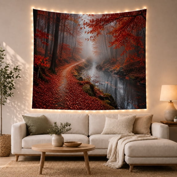 Misty Forest Path With Vibrant Autumn Leaves, Serene Cottagecore for Nature Lovers, Woodland Wall Art Decor, Halloween Gift, Tapestry Wall Hanging for Bedroom and Living Room