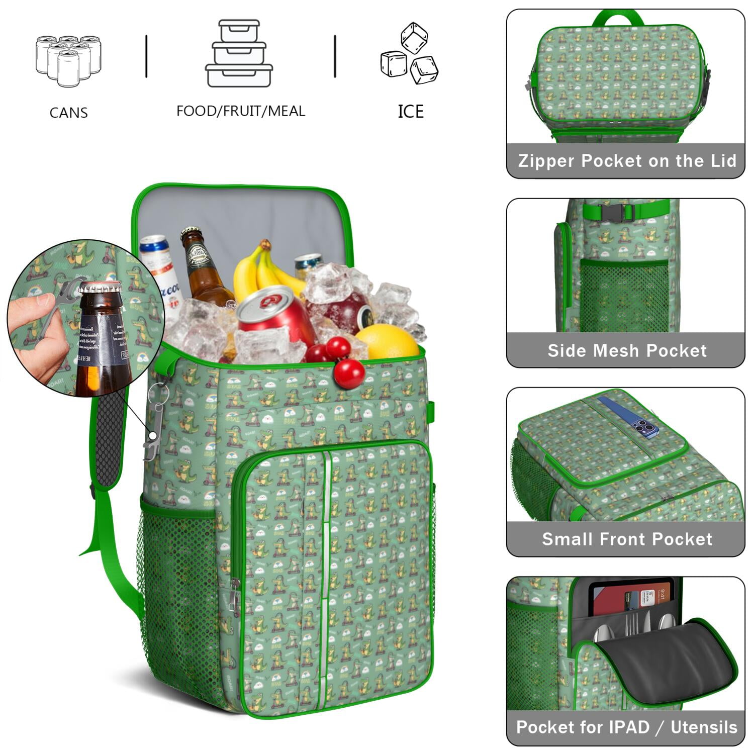 Travel Cooler Bag - Green Alligators Icons Pattern Camping Beer Cooler Backpack with Bottle Opener- Waterproof Insulated Picnic Backpacks - Cooler Bag for Beach