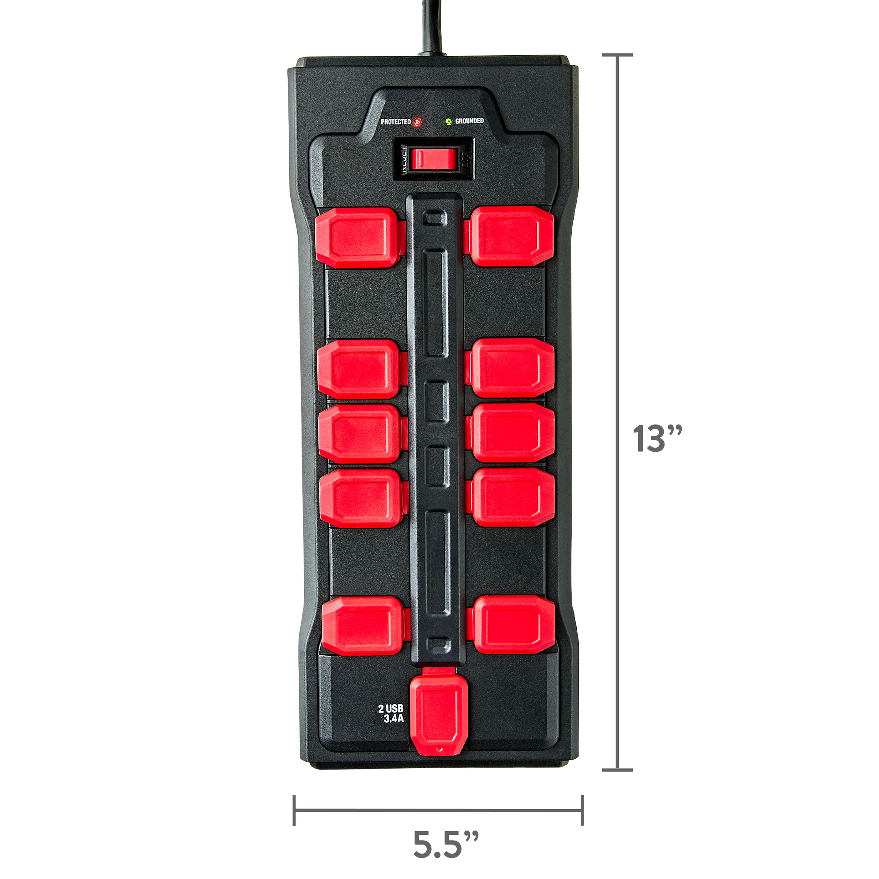 Hyper Tough Surge Protector Power Strip with Usb, 10 Safety Outlets, 10ft Extension Cord, Black/Red