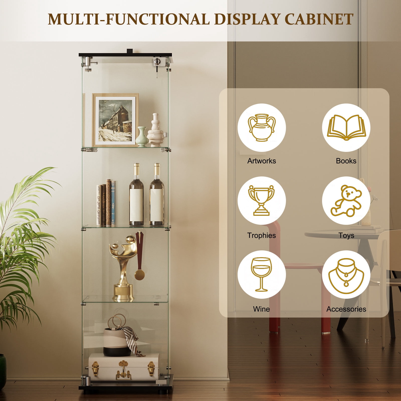 Clarvion 64" Tall Display Cabinet with Lock, 4-Tier Tempered Glass Display Case for Collectibles, Freestanding Single Door Showcase, Black