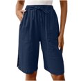 thumbnail image 4 of MAIHAN Womens Bermuda Shorts Summer Casual Wide Leg Knee Length High Waisted Cotton Long Shorts with Pockets Beach Outfits(Dark Blue,M), 4 of 6