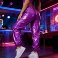 thumbnail image 5 of Mifsaly Shiny Metallic Holographic Joggers Women Cuffed Ankles High Waist Jogger Party Dance Night Out Clubwear with Pockets S, 5 of 6