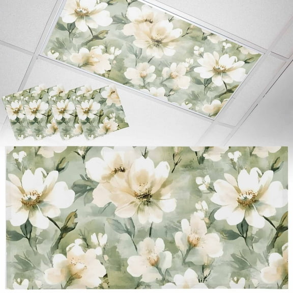 4 Pack Retro White Fluorescent Light Covers for Ceiling Lights Floral Blooming Watercolor Sage Green Oil Paint Magnetic Ceiling Light Covers Overhead Light Filters for Office Classroom Home