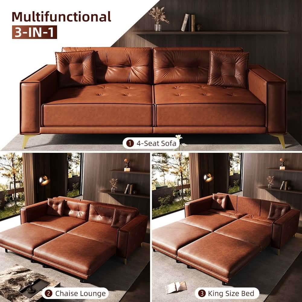 MAYEERTY 92.1" King Size Pull‑Out Sofa Bed, 3‑in‑1 Faux Leather Convertible Sleeper Sofa, Tufted 4‑Seater Couch with Wide Armrests, 2 Pillows Included