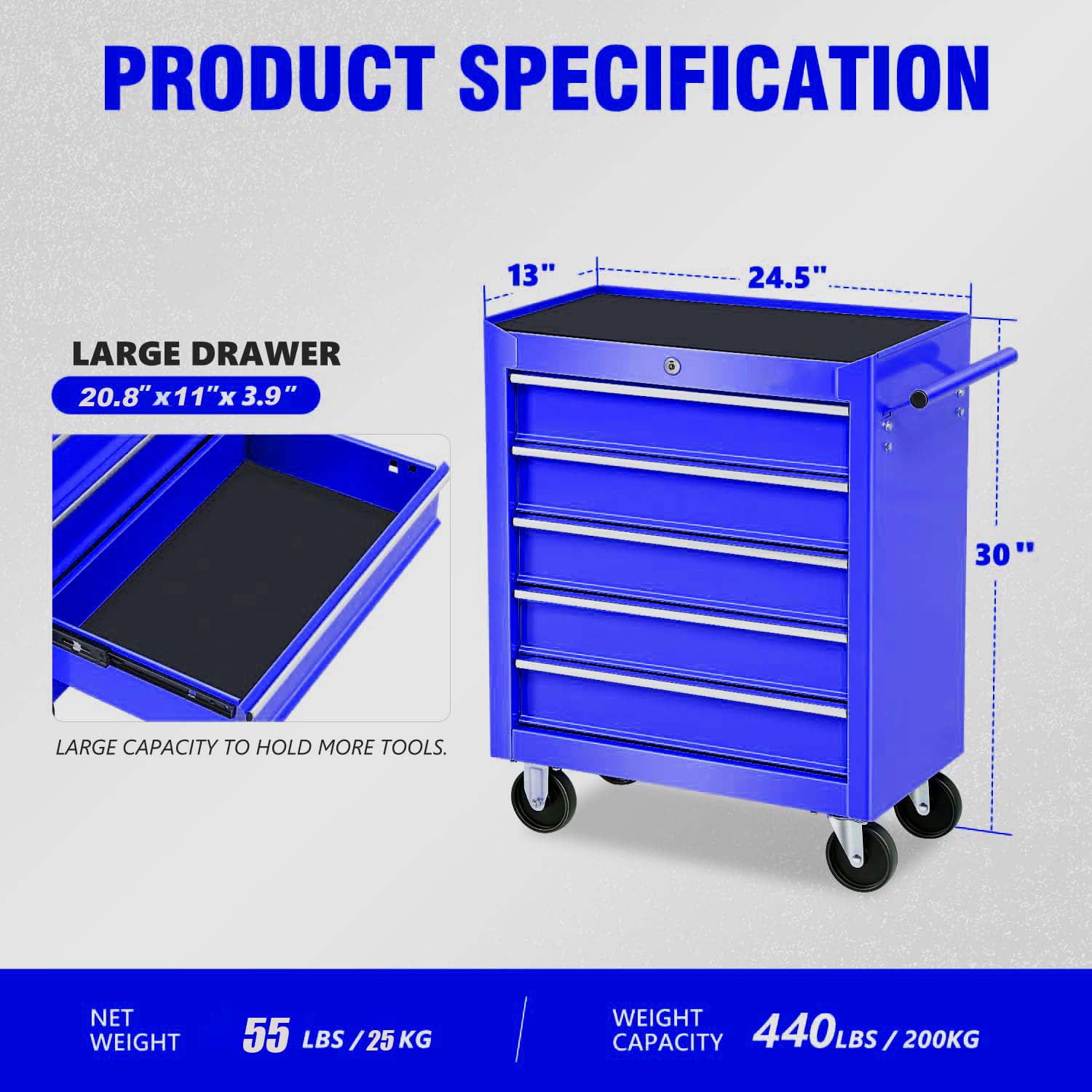POWANLI 5 Drawers Rolling Tool Chest with Wheels, Portable Rolling Tool Box on Wheels, Tool Chest Organizer for Garage, Workshop, Home Crafts Use