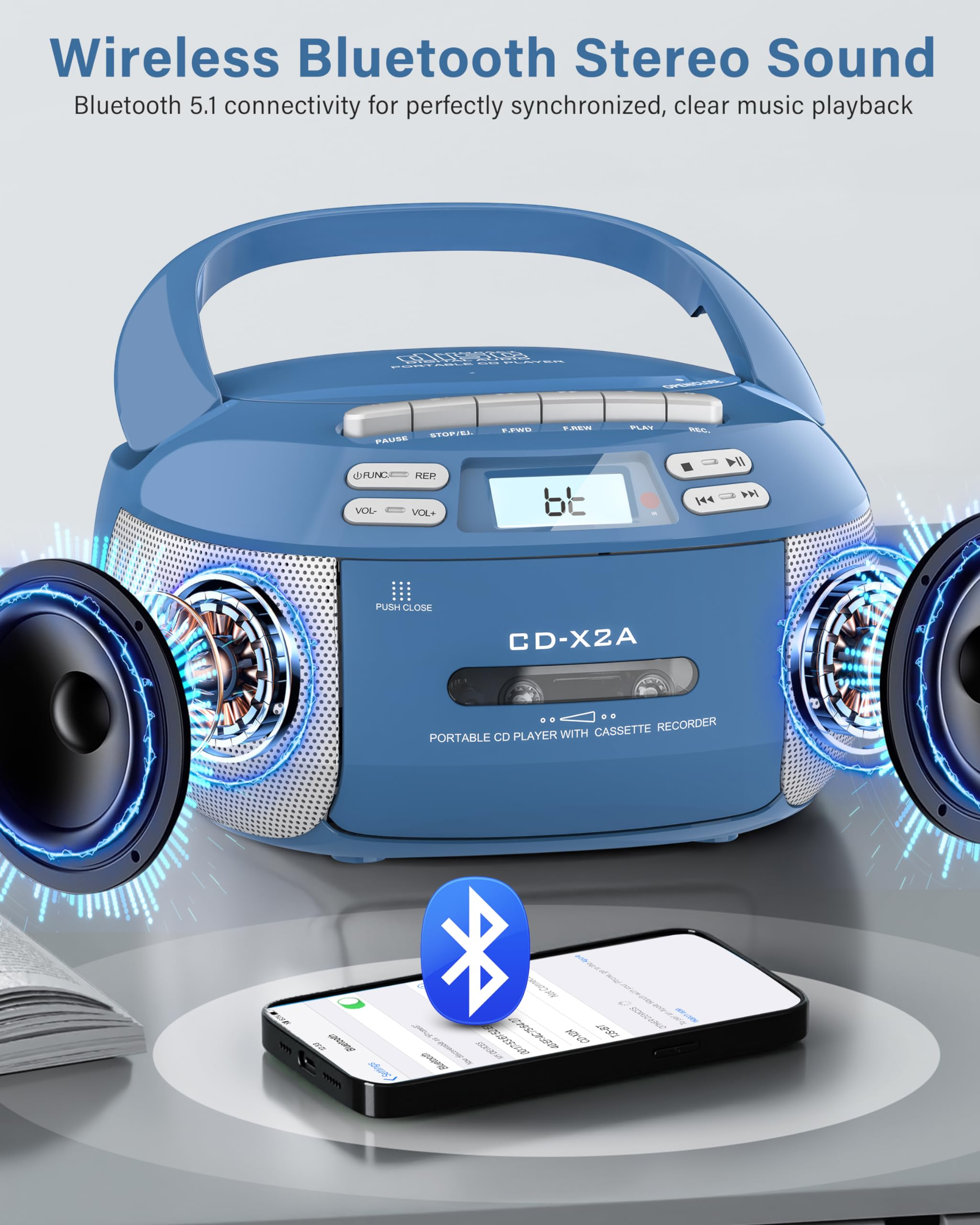 Jazmm CD Player Boombox with Bluetooth, Blue photo 6