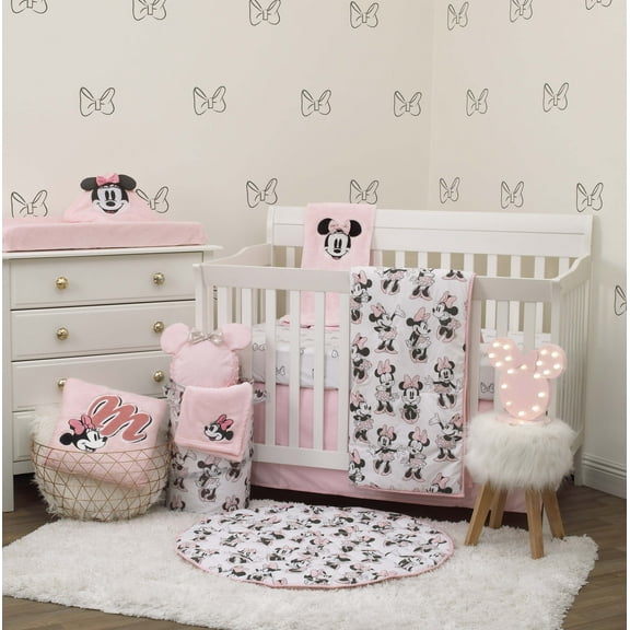 Disney Minnie Mouse 6 Piece Nursery Crib Bedding Set, Comforter, Two 100% Cotton Fitted Crib Sheets, Dust Ruffle, Baby Blanket, Changing Pad Cover, Pink, Grey & White