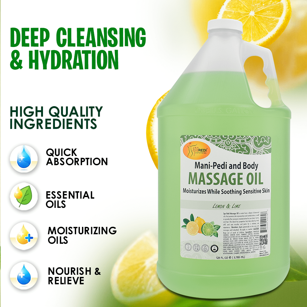 SPA REDI - Massage Oil, Lemon and Lime, 128 Oz - Professional Pedicure, Manicure, Full Body Massage Therapy, with Almond Oil, Cotton Seed Oil, Sunflower Oil, Avocado Oil, Essential Oils, Vitamin E