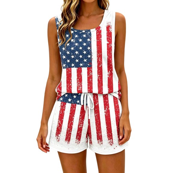 BOOMNY 4Th Of July Womens 2 Peice Sets Patriotic Usa Star Striped Graphic Short Sleeve Tops Shorts Outfits for Women Independence Day Matching Sets