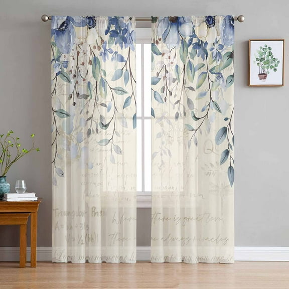 Blue Flower Sheer Curtains 96 Inch Length 2 Panels Set for Living Room/Bedroom, Farmhouse Eucalyptus Retro Country Plant Curtain Sheers Drapes Rod Pocket Curtains Window Treatment Set 52''x96''x2