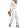 thumbnail image 2 of hirigin Women Wide Leg Jumpsuit Solid Color Long Sleeve V Neck Floral Lace Romper Nightclub Wear Streetwear, 2 of 9