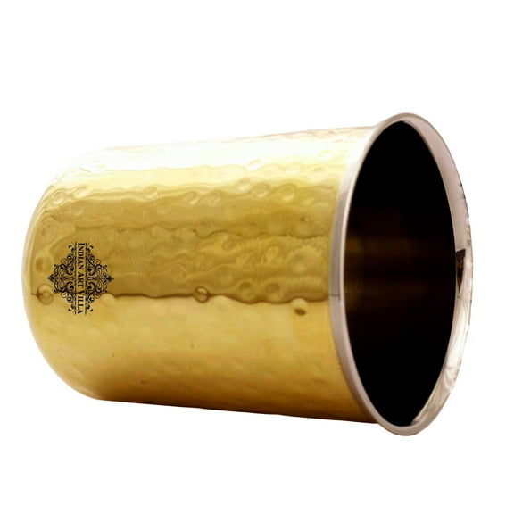 Indian Art Villa Brass and Stainless Steel Fusion Glass with Smooth Finish, Gold, Drinkware, 10 oz