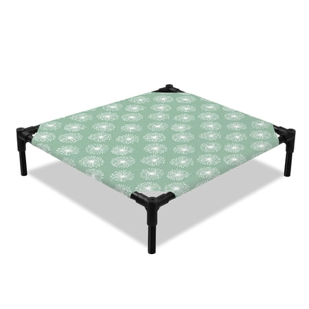 Floral Dandelion Elevated Dog Bed Farm Flowers Plant Green Background Cooling Breathable Outdoor Raised Dog Cot Bed with Metal Frame Non-Slip Feet for Small Dog 20x20in