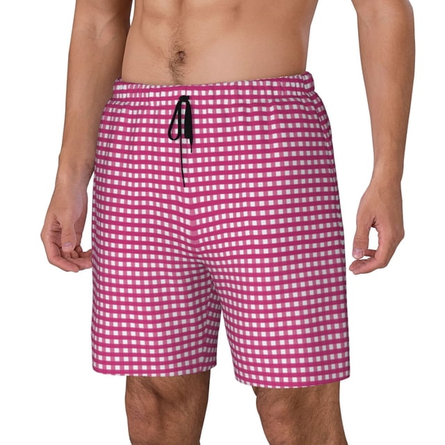Fotbe Pink Gingham Traje de Baño para Hombre – Shorts de Natación de Secado Rápido con Forro y Bolsillos-X-Large