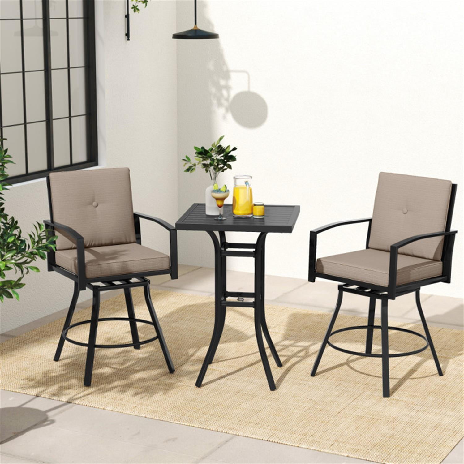 Demi Bonn 3 Pieces Patio Swivel Bar Set with Soft Cushions and Umbrella Hole, Outdoor Bistro Sets Accent Furniture for Yard, Garden, Brown