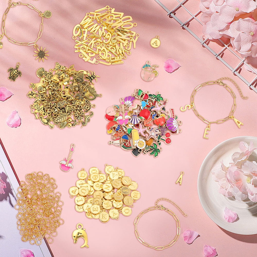 418Pcs Gold Charm Bracelet Making Kits Including 12Pcs Stainless Steel Paperclip Chain Bracelets 200Pcs Open Jump Rings 206Pcs Alloy Enamel Pendants