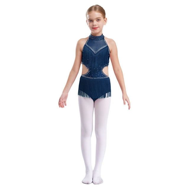 Jhaoyu Robe de Danse Latine pour Filles avec Strass, Franges, Justaucorps Sans Dos, Bleu Marine 16