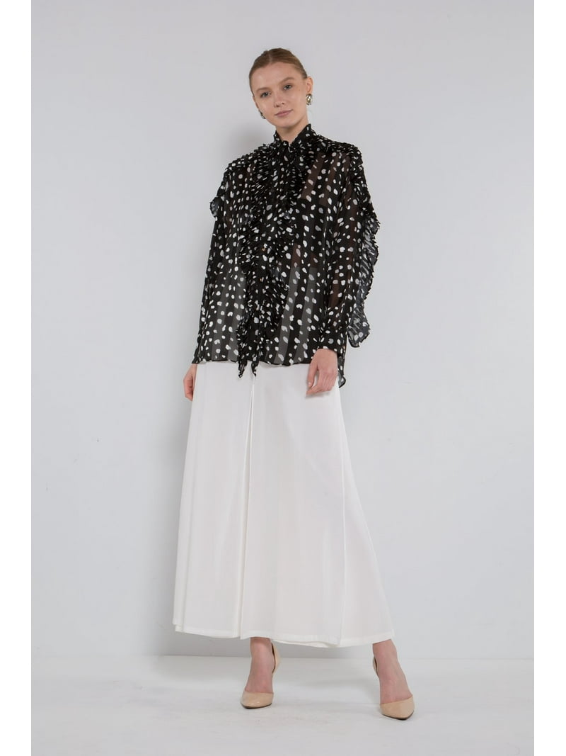 Beulah Style BLACK Women's Bow Tie Frilled Printed Blouse, One