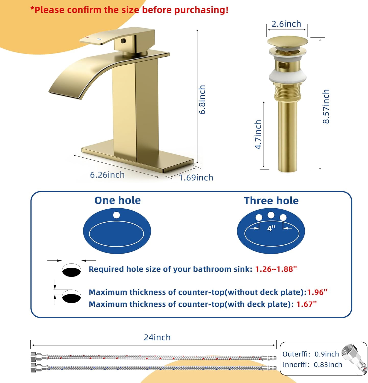RUACQ Waterfall Bathroom Faucet,Single Handle Bathroom Sink Faucets for 1 or 3 Hole, Stainless Steel Washbasin Mixer Tap with Deck,Pop-up Drain and Supply Hoses (Gold)
