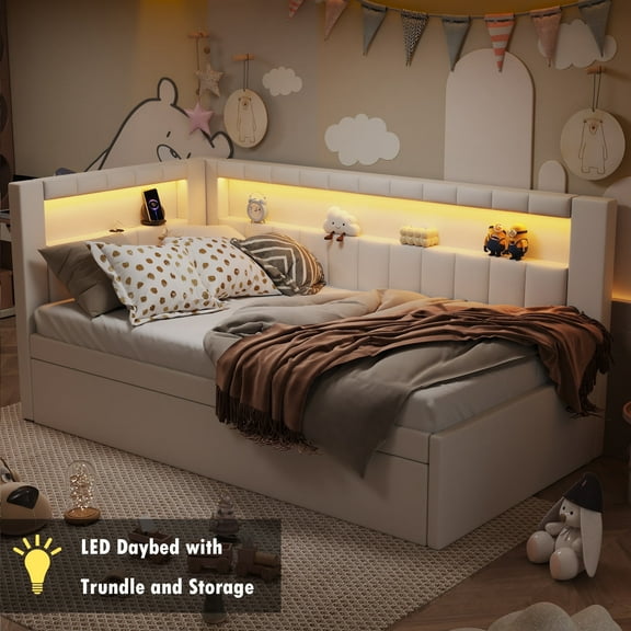 Bellemave Twin Size LED Daybed with Trundle Linen Upholstered Daybed Frame with Charging Station and LED Lights Twin Sofa Bed with Storage and Backrest, No Box Spring Needed, Beige White