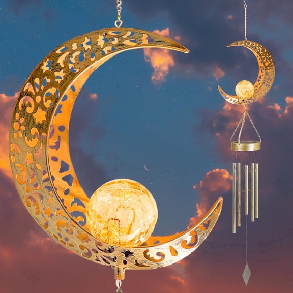 YAKii Moon Solar Wind Chimes for Outside Lights Gifts for Mom Wife Warm Light Outdoor Hanging Decor for Garden Mothers Day