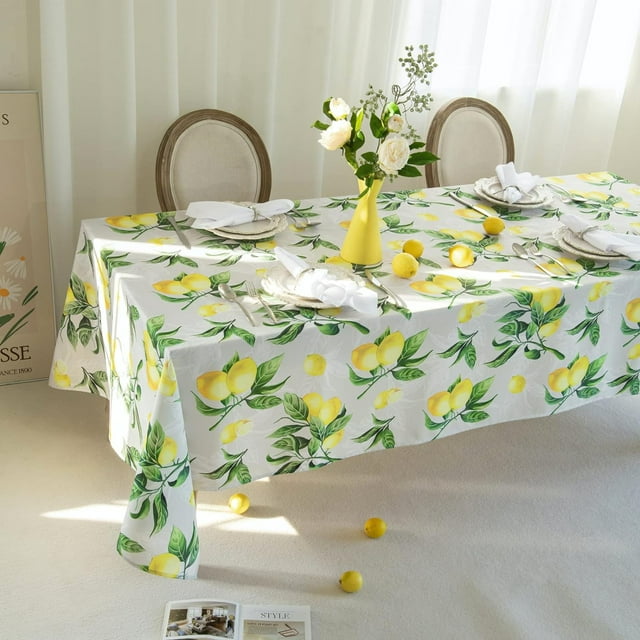 Lemon Pattern Tablecloth 60x120 Inch, Spill Proof Watercolor Style Rectangular Table Cloth, Tree Table Cover, Fruit Print Spring and Summer Decoration