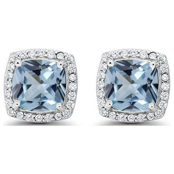 Paris Jewelry Princess Cut Created Blue Aquamarine Halo Stud Earrings, 2 Ct 14K White Gold Plated