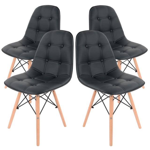 juego de sillas estilo eames negro mirel gn-puec01 set de 4 sillas Eames tapizadas en vinipiel negro con botones, asiento acolchado con costuras en cuadrícula y espuma de alta densidad, respaldo curvo ergonómico; estructura metálica negra y patas de madera clara estilo Eiffel, vista frontal 3/4 sobre fondo blanco, aptas para comedor, sala u oficina y fáciles de ensamblar.