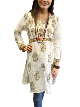 Mogul Women's Paisley Print Cotton Tunic Long Sleeves Boho Chic Kurti Dress S