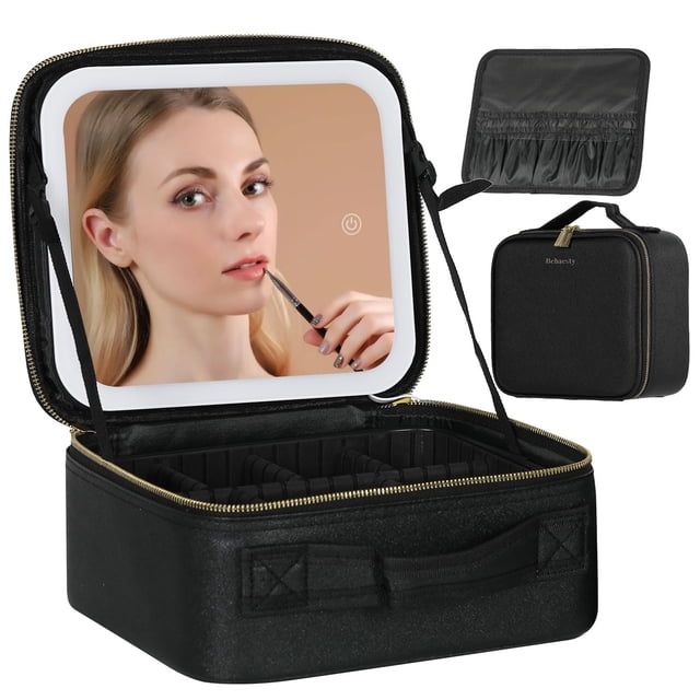 Behaesty Bolsa de maquillaje de viaje con espejo iluminado LED, bolsa organizadora de maquillaje cosmético con 3 ajustes de color, estuche de tren de maquillaje con divisores ajustables para mujeres p