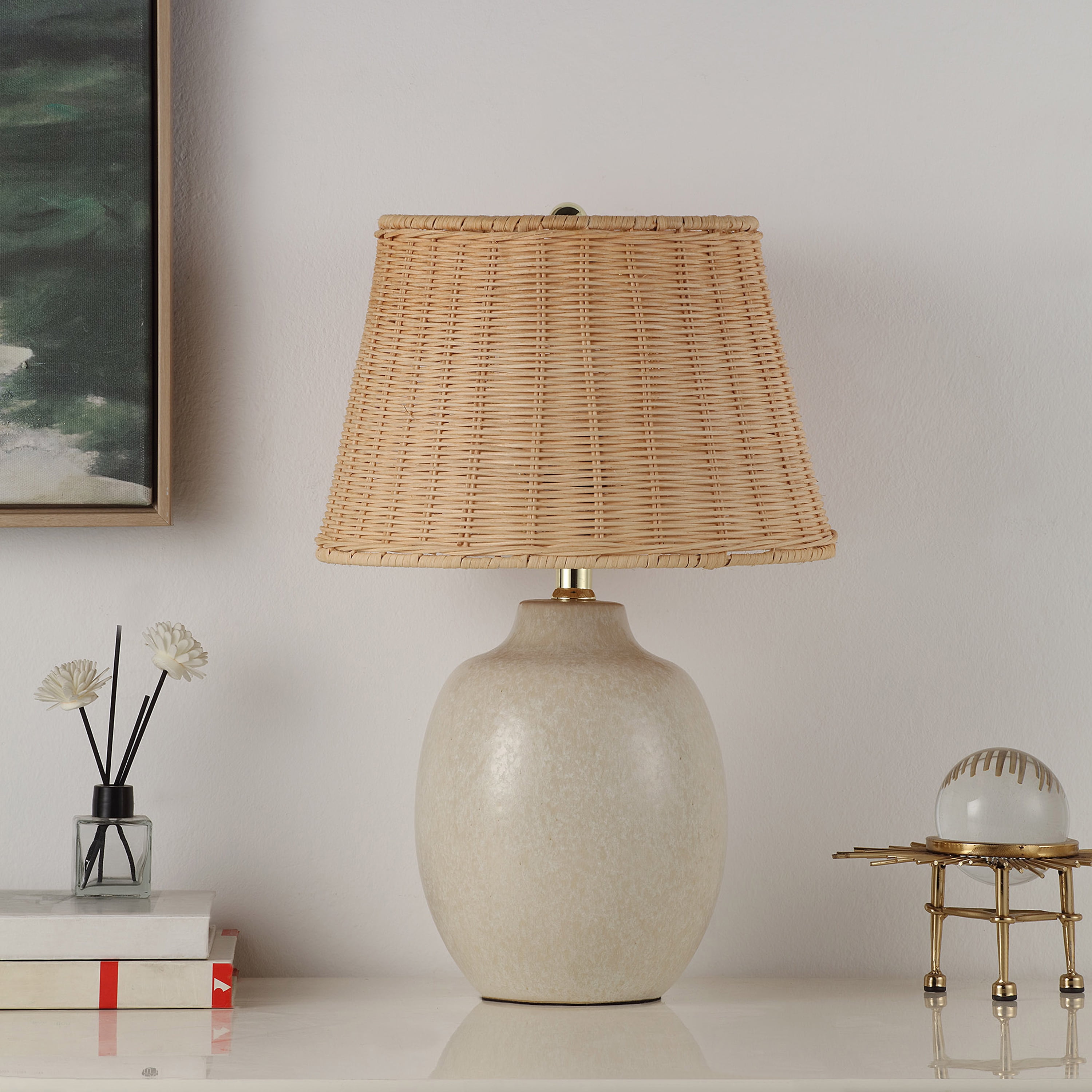 Better Homes & Gardens Cream Ceramic Table Lamp with Rattan Shade, 18 Inches