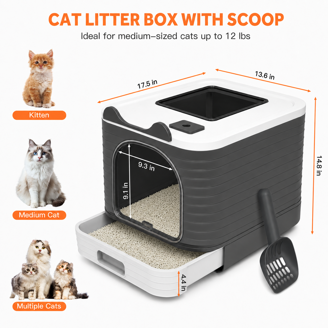 Phancir Enclosed Cat Litter Box with Lid, Gray photo 2