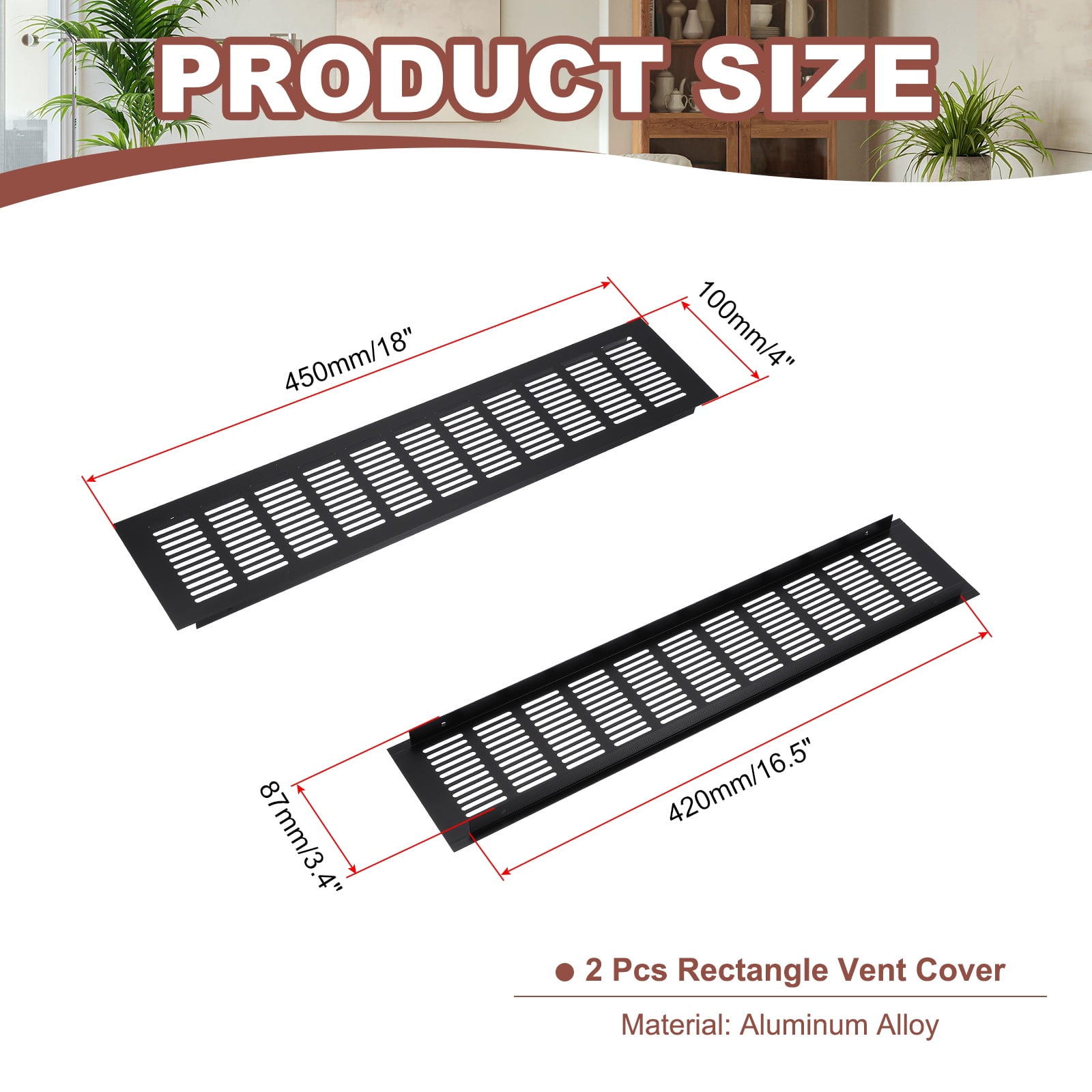 Uxcell 18 x 4" Rectangle Ventilation Grille 2Pcs Aluminum Air Vent Cover Black