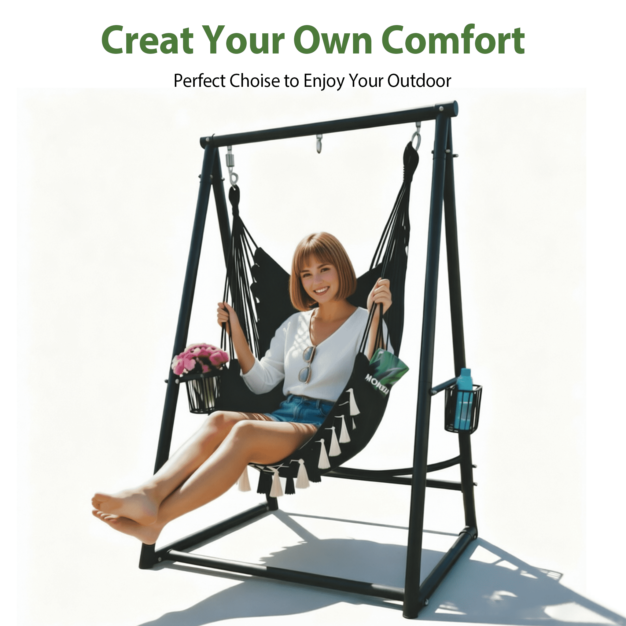 Hammock Chair Hanging Rope Swing & Stand Set with Two Holders, Heavy Duty Hanging Stand with Three Hooks, Multi-Use for Indoor Outdoor Patio Yard Garden (Black)