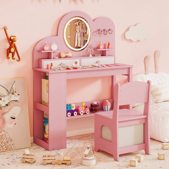 Costway Kids Vanity with Lights, 2 Drawers & 2-Tier Bookshelf, 3 Hooks & 2 Open Shelves Pink