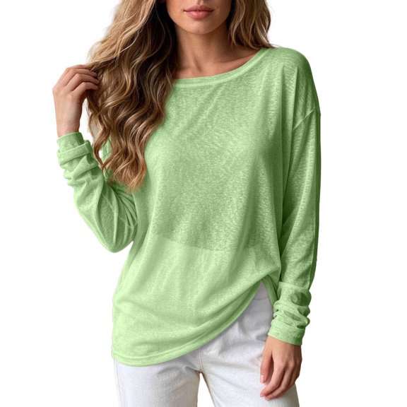 ZHOGXU Sheer Long Sleeve T Shirts For Women Loose Fit Lightweight O Neck Basic Tee Tops For Casual Work,Green