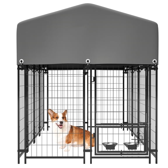 Dog Kennel Outdoor with Roof, Welded Wire Enclosure, Heavy Duty Dog Crate with UV-Resistant Waterproof Cover, Double Lock & Rotating Feeder for Medium/Large Dogs 4.23'x7.81'x4.83'