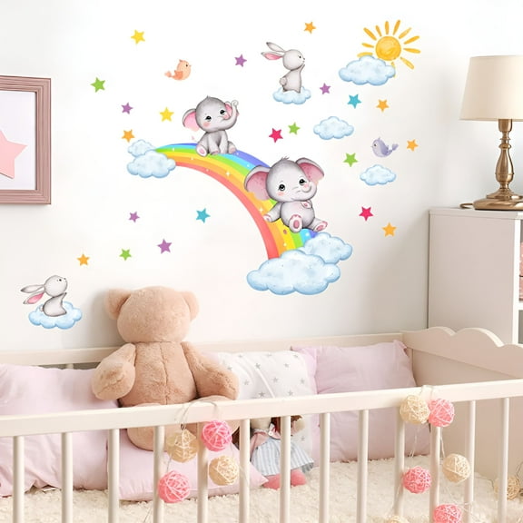 CCOCC Rainbow Animal Wall Decals,Elephant Bird Rabbit Clouds Wall Stickers Baby Nursery Kids Room Living Room Wall Decor