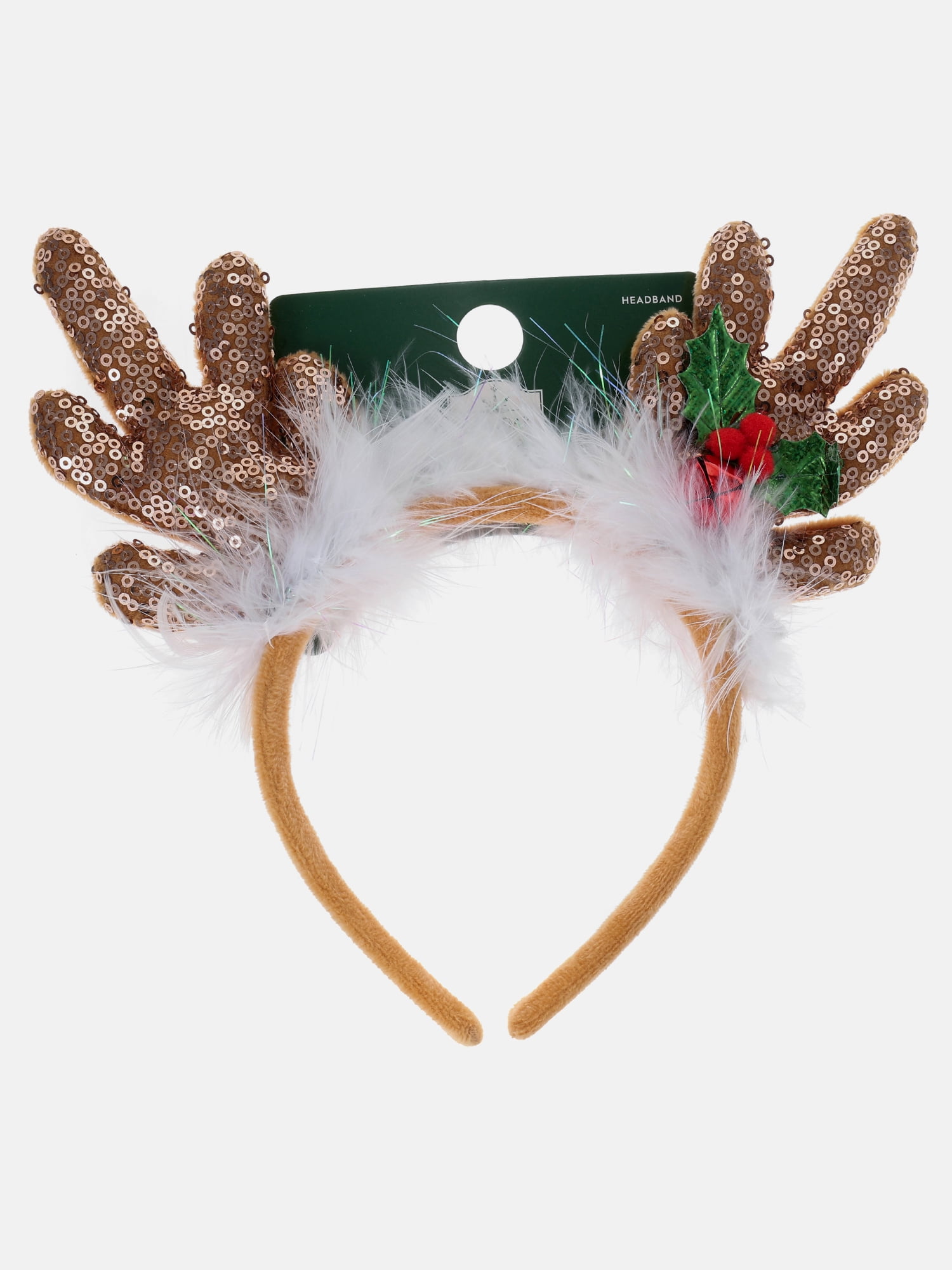 Way to Celebrate Women's Fuzzy Holly Reindeer Antler Headband, Brown, 1 Piece, One Size Fits Most