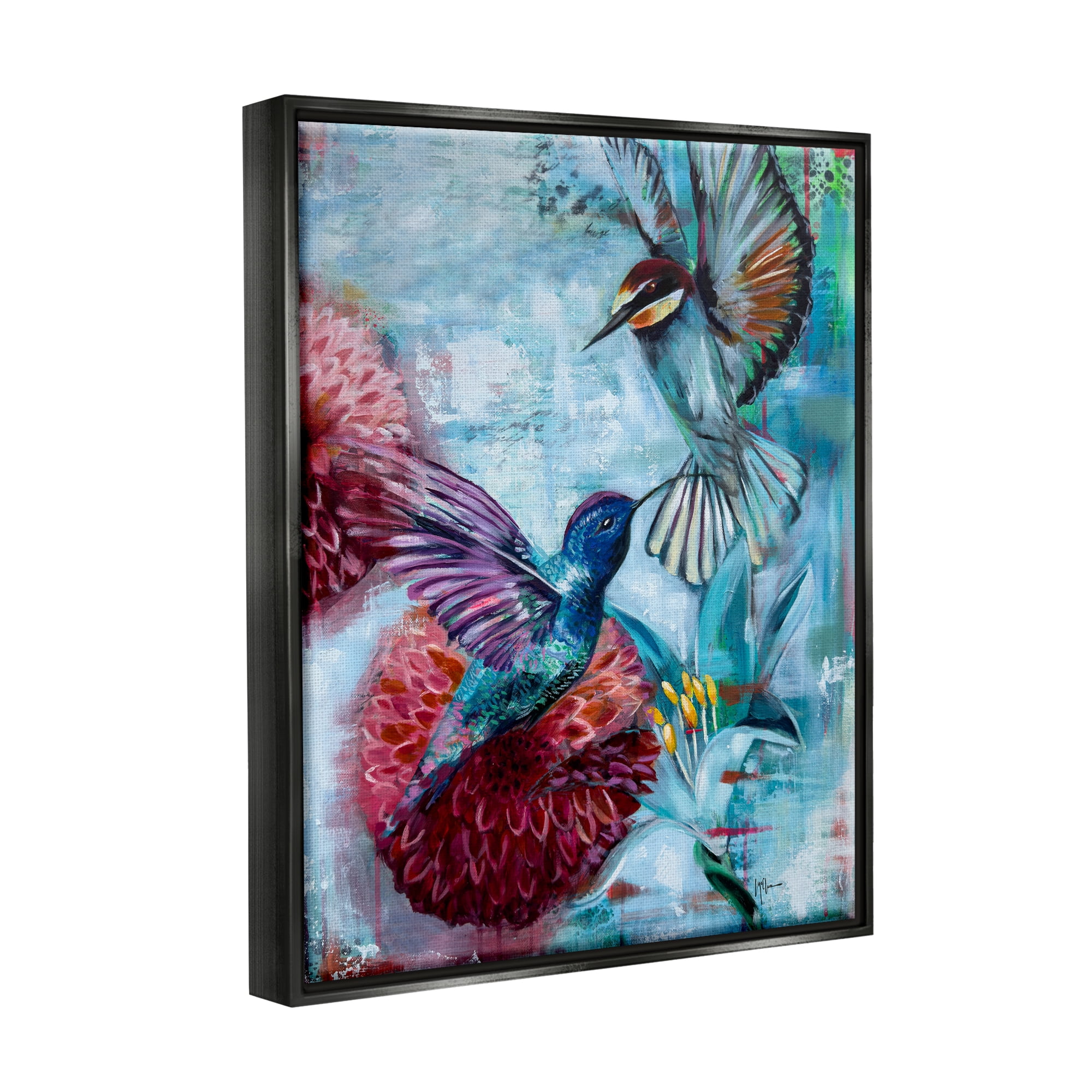 Stupell Industries Hummingbirds & Dahlias Animals & Insects Painting Black Floater Framed Canvas Art Print Wall Art, 17 x 21