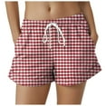 thumbnail image 2 of felwors Women's Gingham Print Rolled Cuff Drawstring Shorts Elastic Waist Lightweight Summer Casual Shorts with Pockets (Red, L), 2 of 5