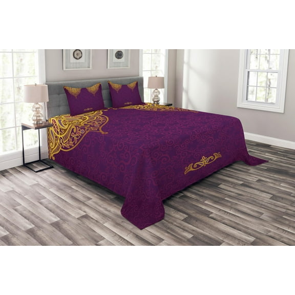 Ambesonne Purple Quilted Bedspread Set 3 Pcs, Eastern Royal Palace, Queen Size, Purple Yellow