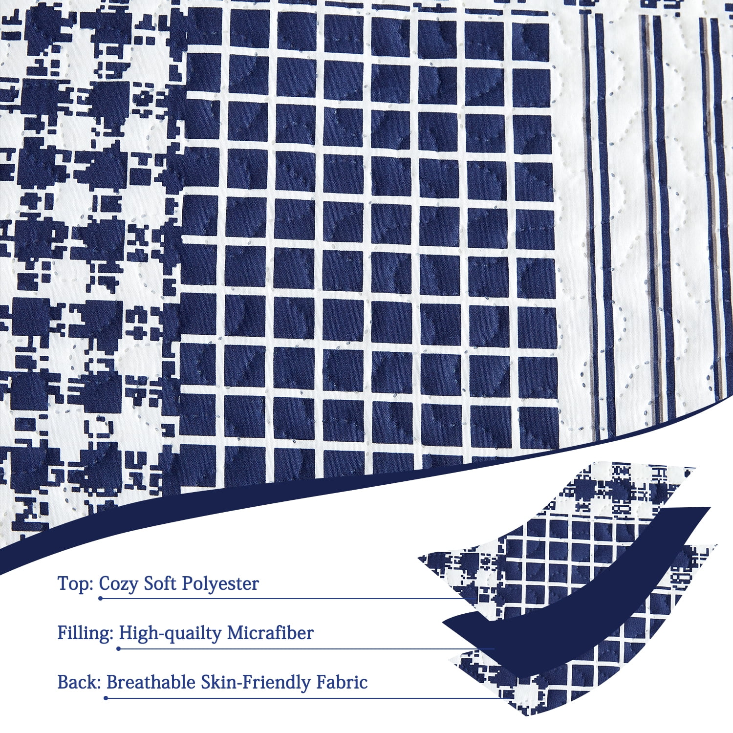 Kebury Plaid Bedding Quilt Set Twin Size Microfiber Ultra Soft Bedspread Ligthtweight Navy Blue Checked Quilt Coverlet Collection for Bedroom (1 Quilt, 2 Pillow Shams)
